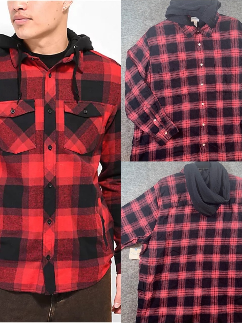 Arizona Jean Co. Red Plaid Flannel Button Down Shirt w/ Hoodie